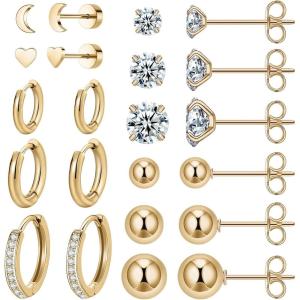 image11 Pairs Surgical Steel Earrings Sets for Multiple Piercing Lightweight Small Huggie Hoop Earrings CZ Stud Earrings for Women Cartilage Trendy Hypoallergenic free combinationgoldsilverroesRose Gold