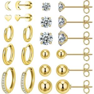 image11 Pairs Surgical Steel Earrings Sets for Multiple Piercing Lightweight Small Huggie Hoop Earrings CZ Stud Earrings for Women Cartilage Trendy Hypoallergenic free combinationgoldsilverroesGold