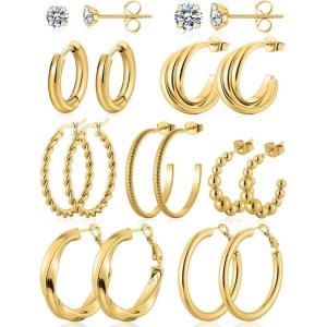 image11 Pairs Womens Gold Hoop Earrings Set 18K Thick Gold Plated Twisted Hoop Earrings Women Gift Lightweight GoldA003