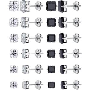 image12 Pairs Silver Earrings Surgical Steel Earrings Womens Earrings Hypoallergenic Earrings Set Mens Earrings 12 Colors CubicZirconia Studs EarringsA005black and white