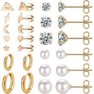 image13 Pairs Surgical Steel Earrings Sets for Multiple Piercing Lightweight Small Huggie Hoop Earrings CZ Stud Earrings for Women Cartilage Trendy Hypoallergenic free combinationgoldsilverroes GoldRose Gold
