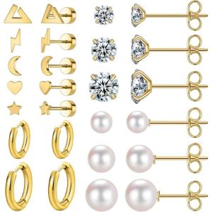 image13 Pairs Surgical Steel Earrings Sets for Multiple Piercing Lightweight Small Huggie Hoop Earrings CZ Stud Earrings for Women Cartilage Trendy Hypoallergenic free combinationgoldsilverroes GoldGold