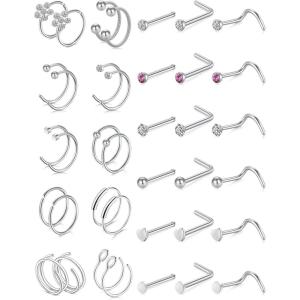 image20G Nose Rings 316L Stainless Steel Hoop L Shape Nose Studs Nose Screw Bone Silver Pack for Women Men 38PcsA001Silver