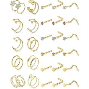 image20G Nose Rings 316L Stainless Steel Hoop L Shape Nose Studs Nose Screw Bone Silver Pack for Women Men 38PcsA002Gold