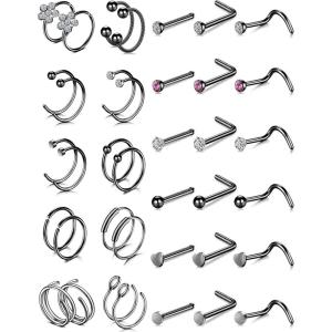 image20G Nose Rings 316L Stainless Steel Hoop L Shape Nose Studs Nose Screw Bone Silver Pack for Women Men 38PcsA003Black
