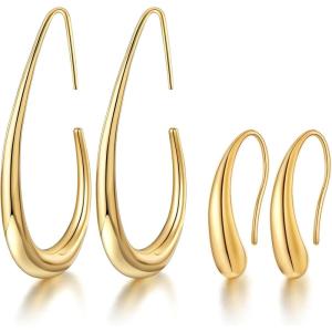 image2Pairs Lightweight Teardrop Hoop Earrings for Women  18k Gold Plated Large Small Size Oval Pull Through Hoop Earrings Teen Gift High Polished Statement Jewelry for WomenGold