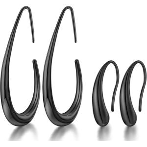 image2Pairs Lightweight Teardrop Hoop Earrings for Women  18k Gold Plated Large Small Size Oval Pull Through Hoop Earrings Teen Gift High Polished Statement Jewelry for WomenBlack