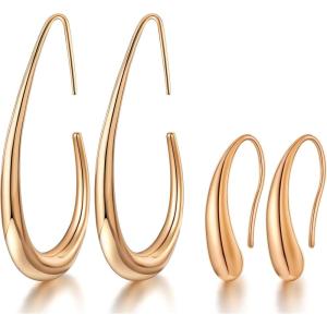 image2Pairs Lightweight Teardrop Hoop Earrings for Women  18k Gold Plated Large Small Size Oval Pull Through Hoop Earrings Teen Gift High Polished Statement Jewelry for WomenRose Gold