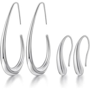 image2Pairs Lightweight Teardrop Hoop Earrings for Women  18k Gold Plated Large Small Size Oval Pull Through Hoop Earrings Teen Gift High Polished Statement Jewelry for WomenSilver