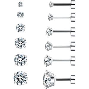 image6 Pairs Hypoallergenic Cubic Zirconia Earrings Allergenic Earrings Flat Back Studs Cartilage Fashion Surgical Steel Screw EarringsA001Silver