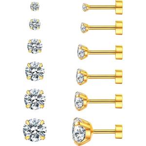 image6 Pairs Hypoallergenic Cubic Zirconia Earrings Allergenic Earrings Flat Back Studs Cartilage Fashion Surgical Steel Screw EarringsA002Gold