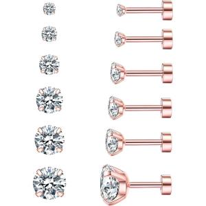 image6 Pairs Hypoallergenic Cubic Zirconia Earrings Allergenic Earrings Flat Back Studs Cartilage Fashion Surgical Steel Screw EarringsA003Rose Gold