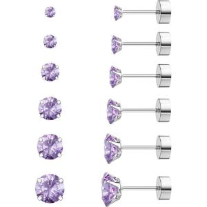 image6 Pairs Hypoallergenic Cubic Zirconia Earrings Allergenic Earrings Flat Back Studs Cartilage Fashion Surgical Steel Screw EarringsA005Light Purple
