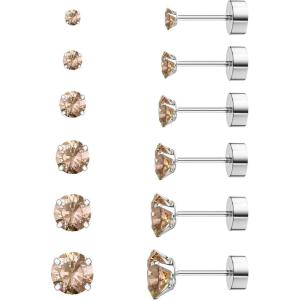 image6 Pairs Hypoallergenic Cubic Zirconia Earrings Allergenic Earrings Flat Back Studs Cartilage Fashion Surgical Steel Screw EarringsA008Champagne Color