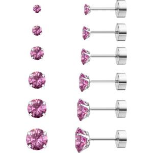 image6 Pairs Hypoallergenic Cubic Zirconia Earrings Allergenic Earrings Flat Back Studs Cartilage Fashion Surgical Steel Screw EarringsA011Pink