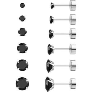 image6 Pairs Hypoallergenic Cubic Zirconia Earrings Allergenic Earrings Flat Back Studs Cartilage Fashion Surgical Steel Screw EarringsA014Black