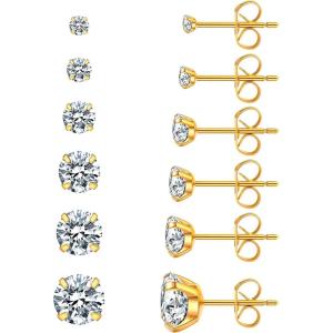image6 Pairs Stud Earrings Set Hypoallergenic Cubic Zirconia 316L Earrings Stainless Steel CZ Earrings 38mm Steel colorA002gold