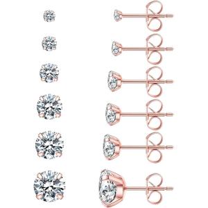 image6 Pairs Stud Earrings Set Hypoallergenic Cubic Zirconia 316L Earrings Stainless Steel CZ Earrings 38mm Steel colorA003Rose Gold