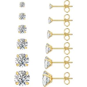 image6 Pairs Stud Earrings Set Hypoallergenic Cubic Zirconia 316L Earrings Stainless Steel CZ Earrings 38mmA001Gold