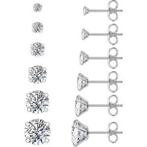 image6 Pairs Stud Earrings Set Hypoallergenic Cubic Zirconia 316L Earrings Stainless Steel CZ Earrings 38mmA003Silver
