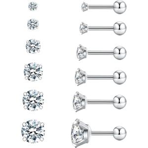 imageCubic Zirconia Hypoallergenic Womens Earrings Mens Earrings Womens Earrings Cartilage Fashion Surgical Steel Screw Earrings 6 PairsA001Silver