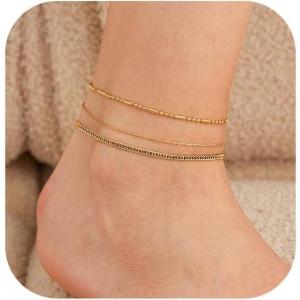 imageGold Ankle Bracelets for Women 14k Gold Waterproof Layered Link Chain Anklets Set Jewelry Gift Adjustable SizeB3PCSGOLD