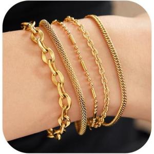 imageGold Bracelet Sets for Women 14k Gold Plated Layered Stack Adjustable Chain Bracelet for Women Trendy 5Pcs