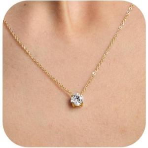 imageWssxc Plated Crystal Solitaire 15 Carat 7mm Cubic Zirconia Dainty Choker Necklace  Gold Necklaces for WomenGold