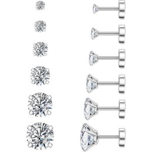 imageWSSXC 20G Hypoallergenic Flat Back Earrings for Women Men Silver 14K Gold Stainless Steel Stud Earrings Brithstone Cubic Zirconia Studs Surgical Steel Cartilage Earrings for Sensitive EarsA001Silver