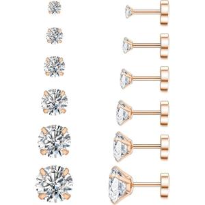 imageWSSXC 20G Hypoallergenic Flat Back Earrings for Women Men Silver 14K Gold Stainless Steel Stud Earrings Brithstone Cubic Zirconia Studs Surgical Steel Cartilage Earrings for Sensitive EarsA003Rose Gold